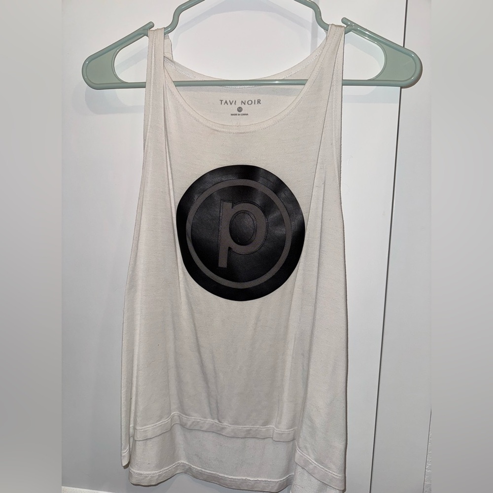 PURE BARRE white cropped tank with leather-y and mesh circle P